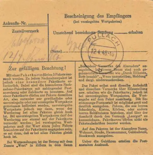 Carte forfait 1948: Herne 1 vers Pullach à Munich, frais supplémentaires