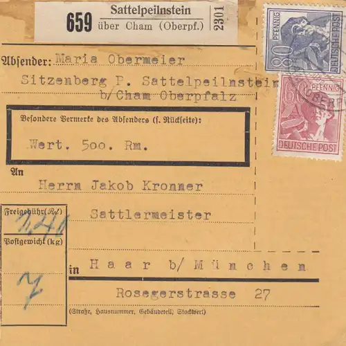 Paketkarte 1947: Sattelpeilnstein nach Haar, Wertpaketkarte