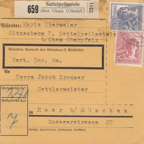 Paketkarte 1947: Sattelpeilnstein nach Haar, Wertpaketkarte