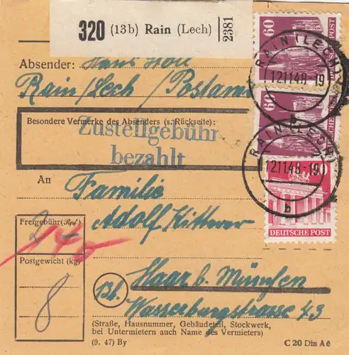Carte de paquet BiZone 1948: Rain vers Haar près de Munich