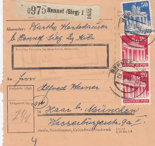 BiZone Paketkarte 1948: Hennef nach Haar bei München