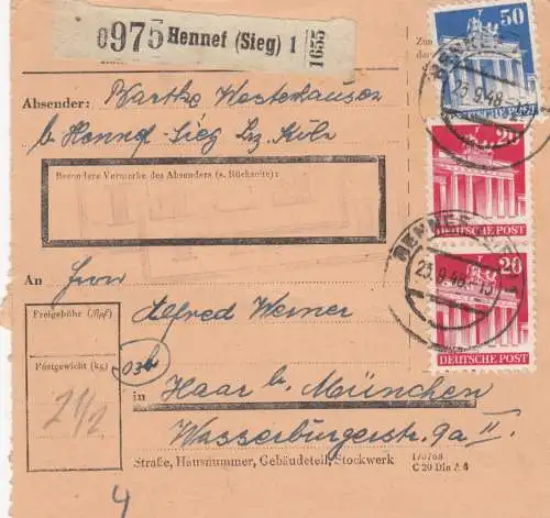 BiZone Paketkarte 1948: Hennef nach Haar bei München