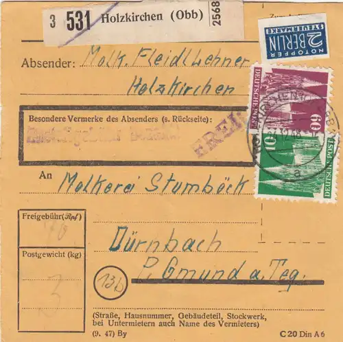 BiZone Paketkarte 1948: Holzkirchen nach Dürnbach Gmund