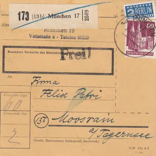 Carte de paquet BiZone 1948: Munich vers Moosrain am Tegernsee