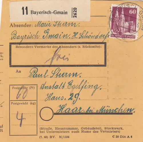 BiZone Paketkarte 1948: Bayersich-Gmain nach Haar bei München, Anstalt Eglfing