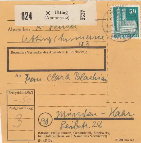 Carte de paquet BiZone 1948: Utting vers Munich