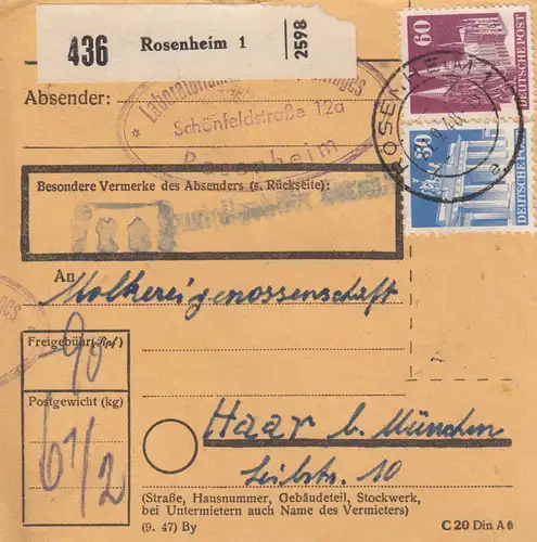 Carte de paquet BiZone 1948: Rosenheim après Haar b. Munich