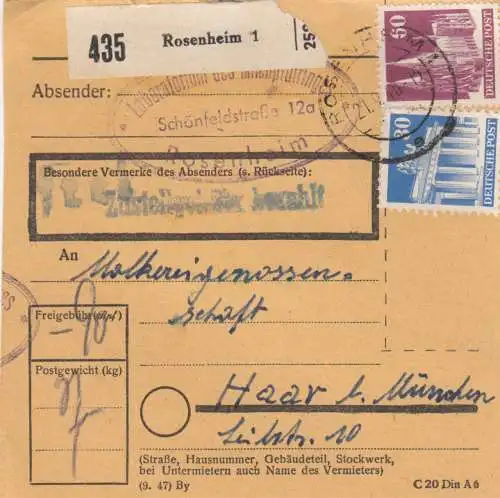 BiZone Paketkarte 1948: Rosenheim nach Haar b. München, Molkereigenossen.