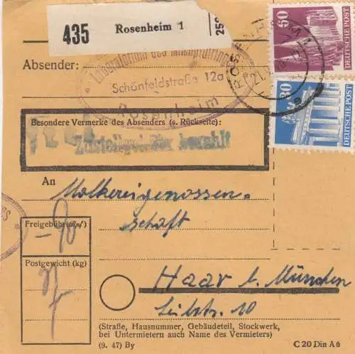 Carte de paquet BiZone 1948: Rosenheim après Haar b. Munich, compagnons laitiers.