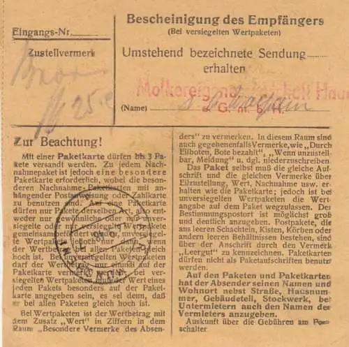 BiZone Paketkarte 1948: Rosenheim nach Haar b. München, Molkereigenossen.