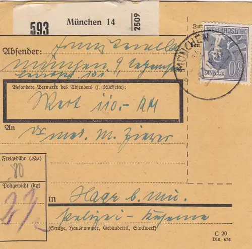 Carte de paquet 1948: Munich après Haar b. Munich, carte de package 110,- RM