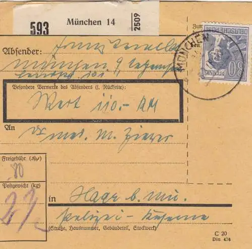 Paketkarte 1948: München nach Haar b. München, Wertpaketkarte 110,- RM