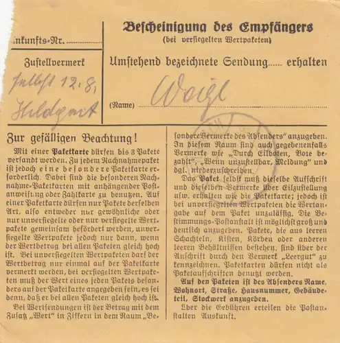 Carte de paquet 1947: Munich 27 vers Feilnbach b. Bad Aibling, carte de valeur