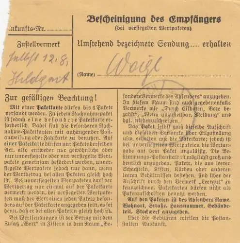 Paketkarte 1947: München 27 nach Feilnbach b. Bad Aibling, Wertpaketkarte