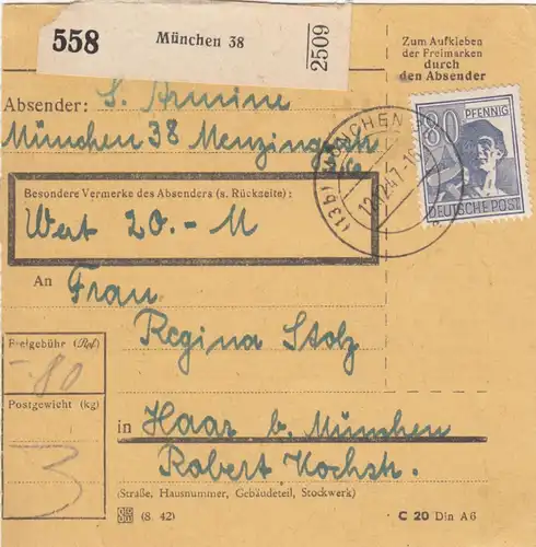 Paketkarte 1947: München 38 nach Haar, Wertpaketkarte