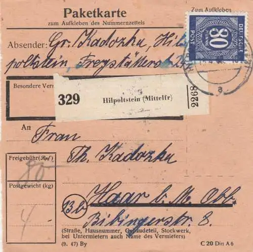 Paketkarte 1948: Hilpoltstein nach Haar b. München