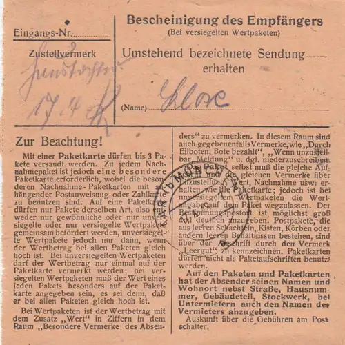 Carte de paquet 1948: Hilpoltstein selon Haar b. Munich