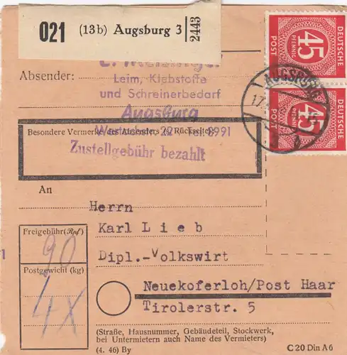 Paketkarte 1948: Augsburg nach Neukeferloh, Post Haar