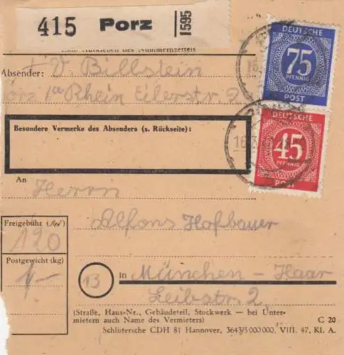 Carte de forfait 1948: Porz vers Munich-Haar