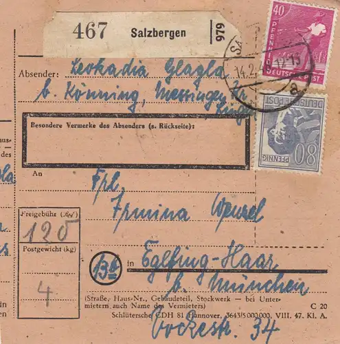 Paketkarte 1948: Salzbergen nach Eglfing-Haar