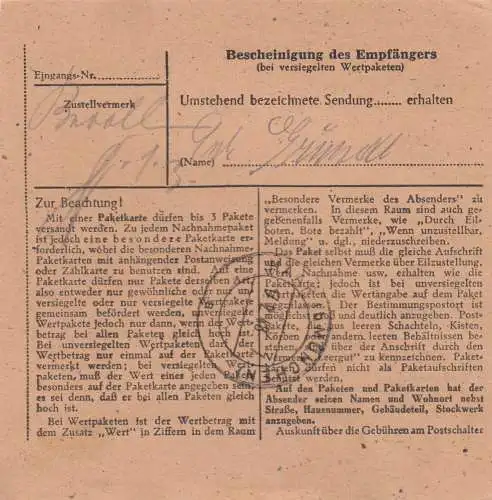Carte de paquet 1948: Salzbergen vers Eglfing-Haar