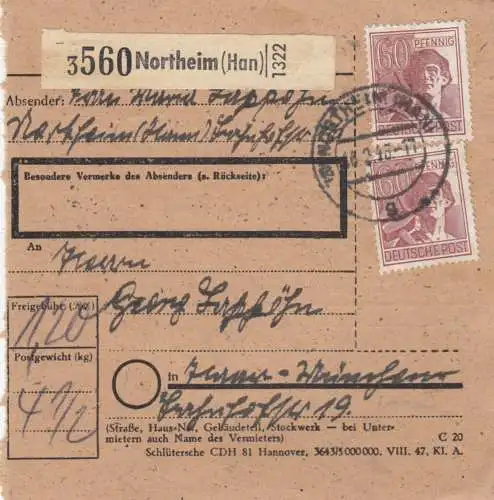 Paketkarte 1948: Northeim nach Haar-München