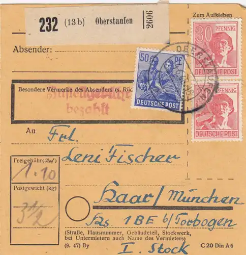 Paketkarte 1948: Oberstaufen nach Haar b.München