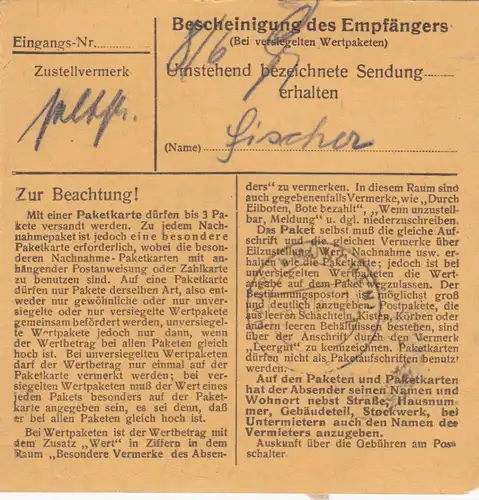 Carte de paquet 1948: haussements par cheveux b.Munich