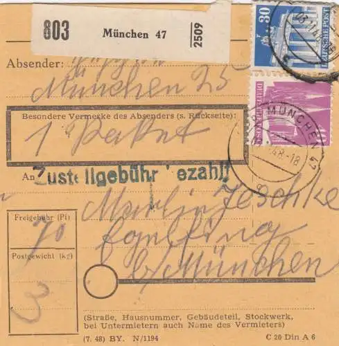 BiZone Paketkarte 1948: München 47 nach Eglfing b. München