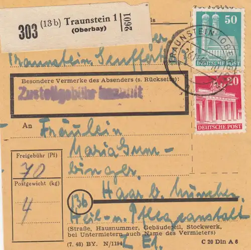 Carte de paquet BiZone 1948: Traunstein selon les cheveux, établissement de soins