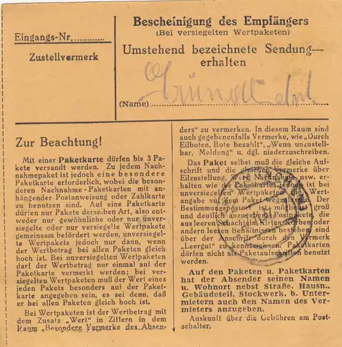 BiZone Paketkarte 1948: Traunstein nach Haar, Heilanstalt