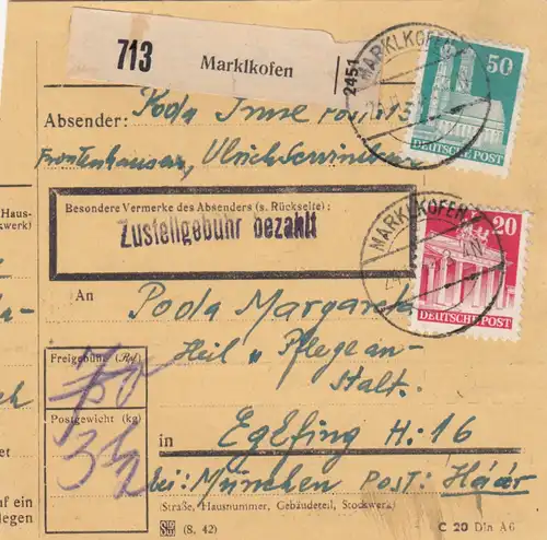 Carte de paquet BiZone 1948: Marklkofen après Eglfing, établissement d'accueil