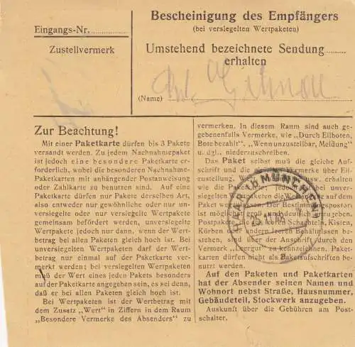 BiZone Paketkarte 1948: Marklkofen nach Eglfing, Pflegeanstalt