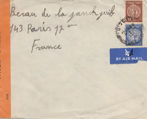 Palestine 194x, air mail to Paris, censor