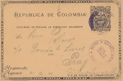 Colombia: 1901 post card Colon to Prag
