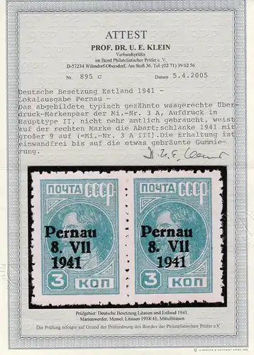 Deutsche Besetzung Estland 1941: MiNr. 3A Aufduck II, Plattenfehler, BPP Attest