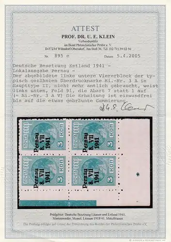 1941: Mi Nr. 3A Aufduck II, Erreur de plaque 3AV, Eckrand Quaderblock, BPP Attest