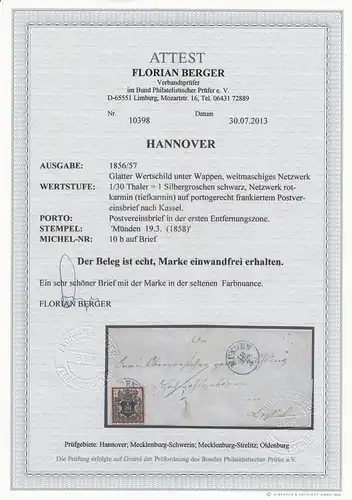 Hannover: MiNr. 10b auf Brief 1858 Münden, BPP Attest