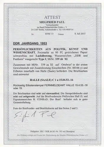 DDR 1953 MiNr. 339 xb XI mit 339 za XI auf Brief Halle, portogerecht, BPP Attest