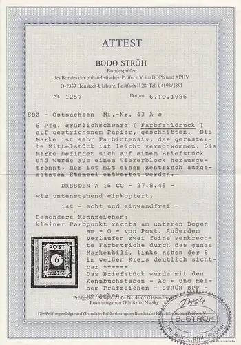 SBZ: MiNr. 43 A c, gestempelt Dresden, Farbfehldruck, Briefstück, BPP Attest