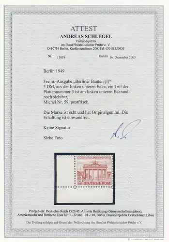 Berlin 1949: MiNr. 59, postfrisch, Eckrand E3, PlattenNr. 3, BPP Attest