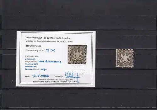 Wurtemberg: Min° 21, *, sans caoutchouc, réparé, non vérifié, résultat BPP