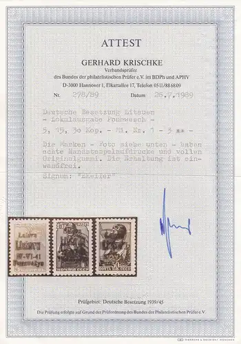 Dt. Besetzung Litauen Panevèzys, MiNr. 1-3, komplett, postfrisch, BPP Attest