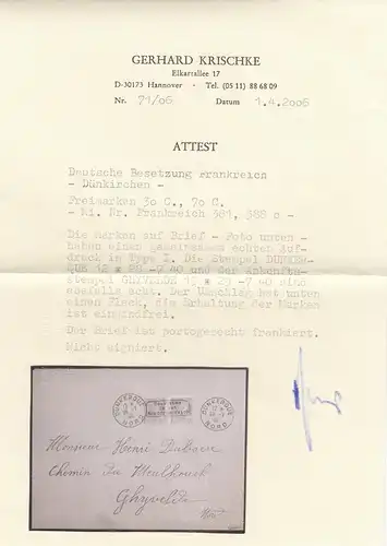 Dt. Besetzung Frankreich: MiNr. 381, 388, auf Brief 1940 Dunkerque, Krischke