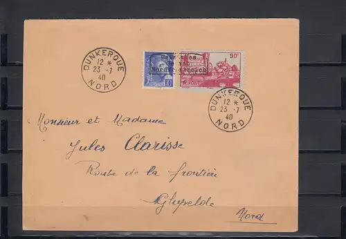 Dt. Instrumentation France: Min. 376, 409, sur lettre 1940 Dunkerque, Krichke