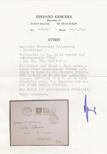 Dt. Instrumentation France: Min. 376, 409, sur lettre 1940 Dunkerque, Krichke