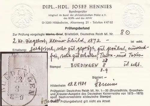 DR: Min. 8, cacheté pièce-lettre, Thurn &Taxis Büdingen, BPP résultat