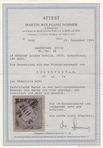 DR: MiNr. 28, gestempelt Frankfurt, 1874, BPP Attest