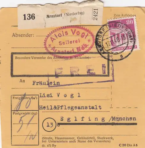 Carte de paquet BiZone 1948: Arnstorf après Eglfing, établissement de soins