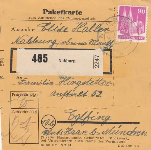 BiZone Paketkarte 1948: Nabburg nach Eglfing b.München